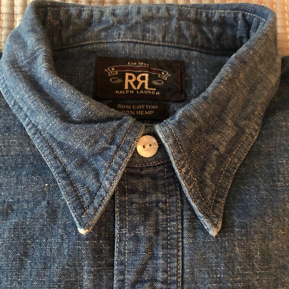 RRL RALPH LAUREN DENIM BLUE SHIRT, SIZE MEDIUM